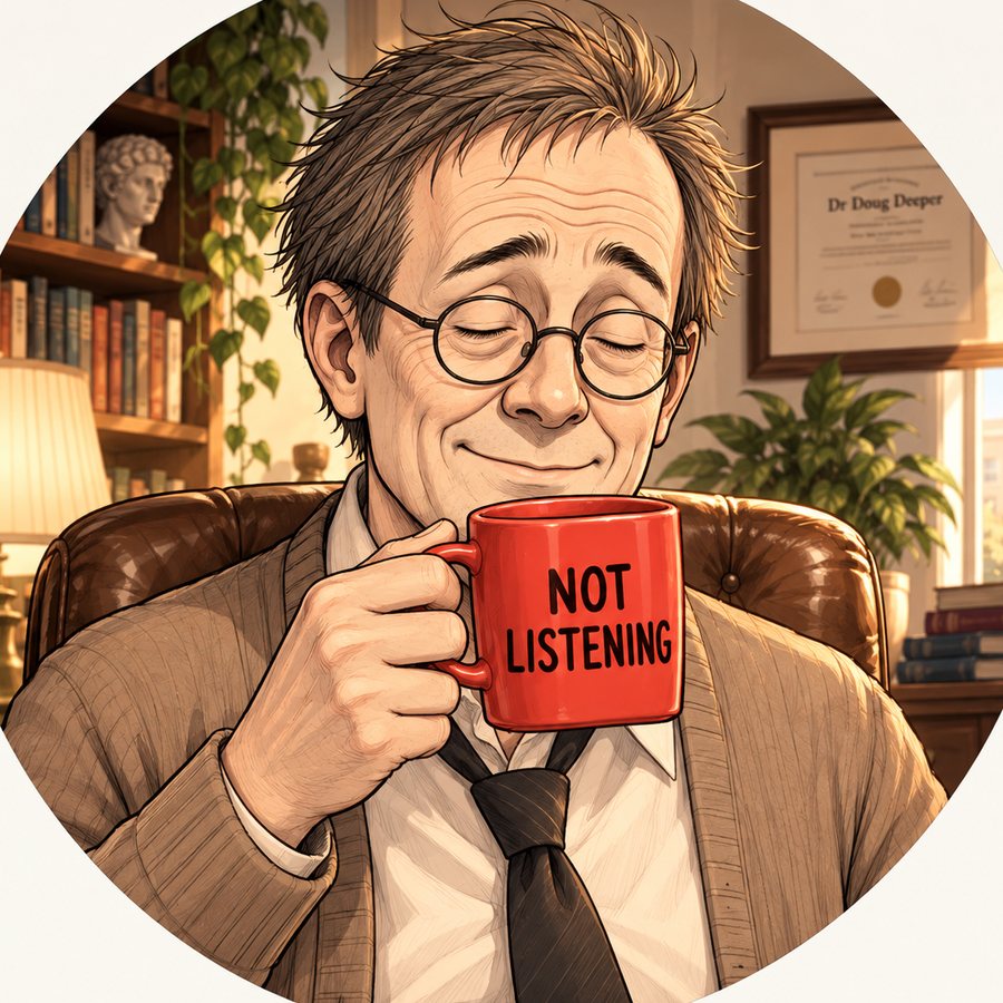 Dr Doug Deeper, eyes closed, sipping from a coral mug that says NOT LISTENING
